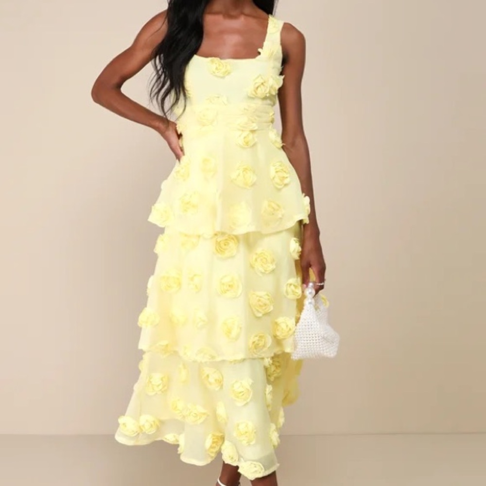 Lulu's Yellow Asymmetrical Ruffled Midi Dress